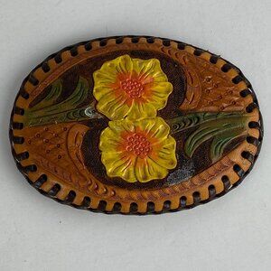 VTG Belt Buckle Master Leather Artist John Glassford Oval Tooled Yellow Flowers